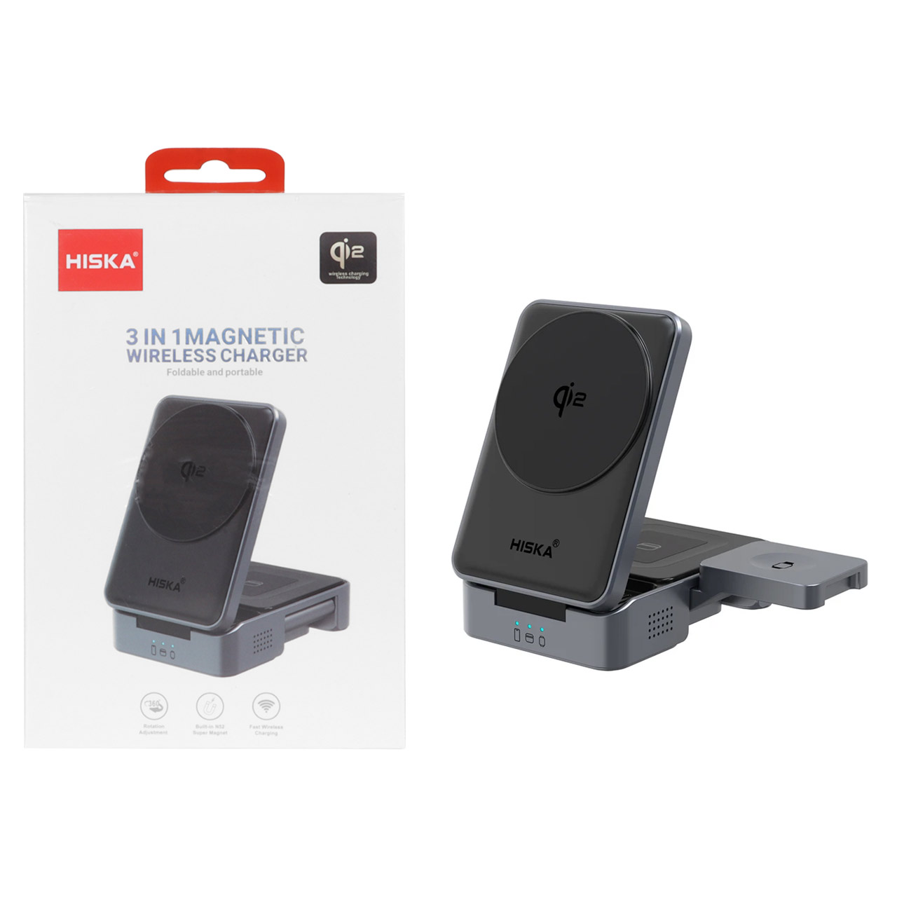 شارژر وایرلس سه کاره Hiska مدل HR-15 - مشکی (OPENBOX)